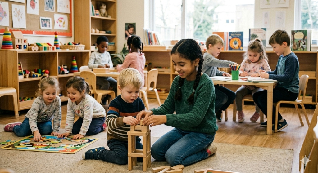 Children of mixed ages working together in a Montessori classroom